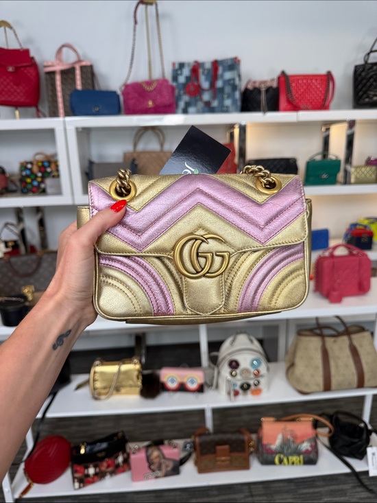 Gucci Handbags - Gucci Gold & Pink Chevron Mini Shoulder Bag